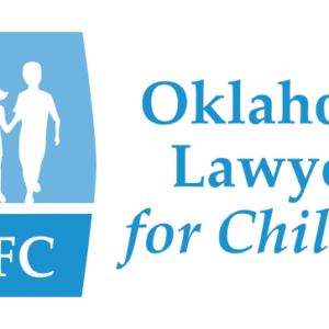 Logo with three child silhouettes holding hands above the letters OLFC. To the right, text reads Oklahoma Lawyers for Children in blue on a light background.