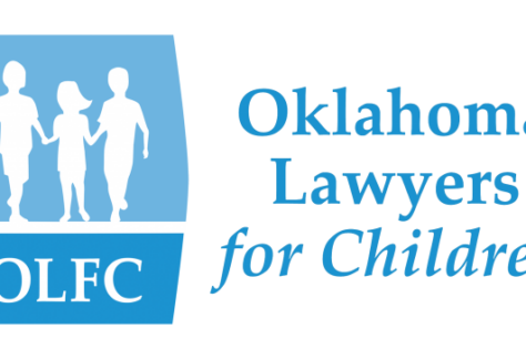 Logo with three child silhouettes holding hands above the letters OLFC. To the right, text reads Oklahoma Lawyers for Children in blue on a light background.