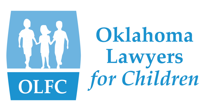 Logo with three child silhouettes holding hands above the letters OLFC. To the right, text reads Oklahoma Lawyers for Children in blue on a light background.