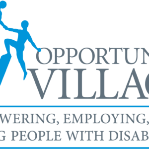 Logo for Opportunity Village featuring two stylized human figures, one helping the other, over the blue letters OV. Below, text reads: Empowering, Employing, and Serving People with Disabilities.