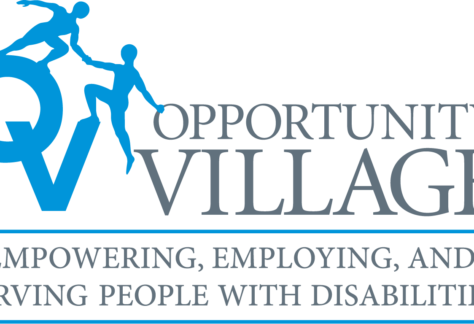 Logo for Opportunity Village featuring two stylized human figures, one helping the other, over the blue letters OV. Below, text reads: Empowering, Employing, and Serving People with Disabilities.