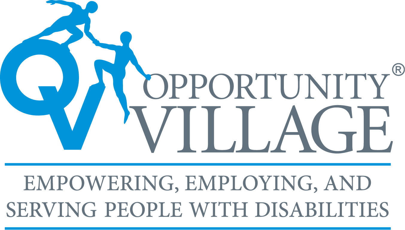 Logo for Opportunity Village featuring two stylized human figures, one helping the other, over the blue letters OV. Below, text reads: Empowering, Employing, and Serving People with Disabilities.