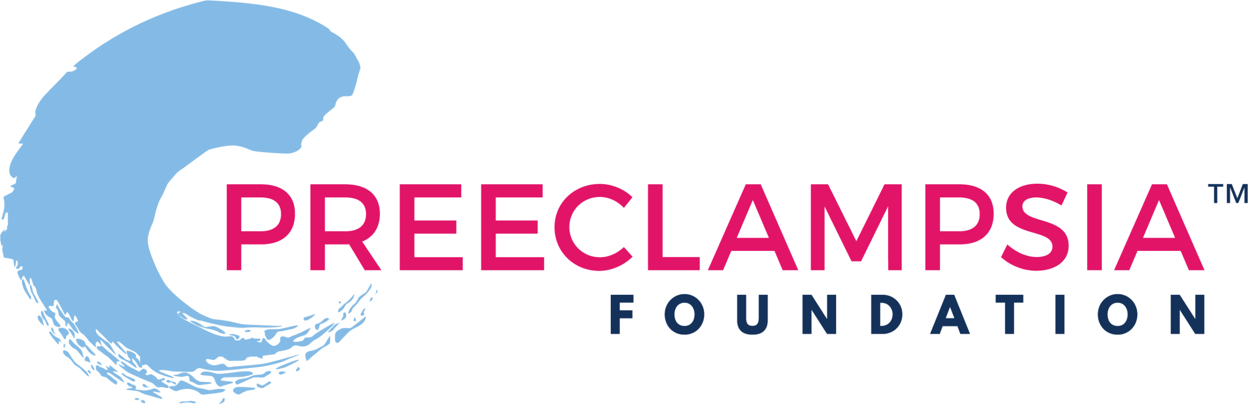 Preeclampsia Foundation logo with a light blue brushstroke circle on the left and the words Preeclampsia Foundation in bold pink and navy letters on the right.