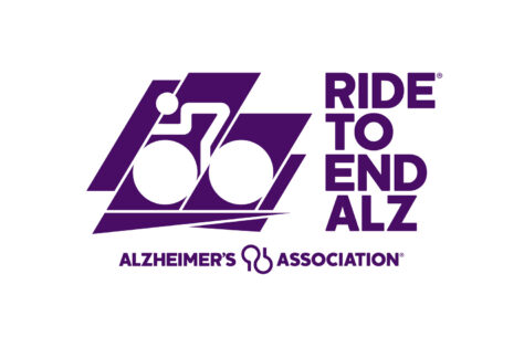 Purple graphic logo for Ride to End ALZ, featuring a stylized cyclist and text for the Alzheimer’s Association, promoting a cycling event to support Alzheimer’s research.