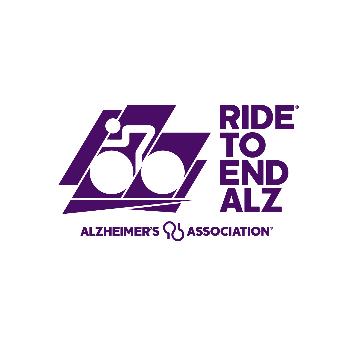 Purple graphic logo for Ride to End ALZ, featuring a stylized cyclist and text for the Alzheimer’s Association, promoting a cycling event to support Alzheimer’s research.