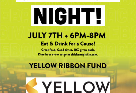 Flyer for Chicken N Pickles Giveback Night on July 7th, 6-8pm, supporting the Yellow Ribbon Fund. Includes food images and event details at 5215 UTSA Boulevard, San Antonio, TX.