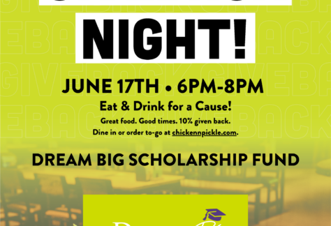 Flyer for “Chicken N Pickle Giveback Night!” on June 17th, 6-8pm. Eat and drink to support the Dream Big Scholarship Fund, with 10% Giveback Benefiting Vets for Youth. Location: 5215 UTSA Blvd, San Antonio, TX 78249.