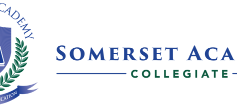 Somerset Academy Collegiate logo featuring a blue and green shield with an open book, laurel wreath, and torch, alongside the school name and the motto Excellence in Education.