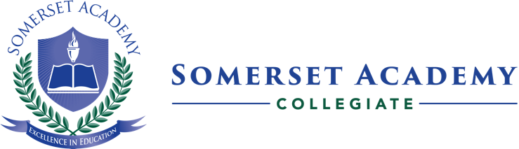 Somerset Academy Collegiate logo featuring a blue and green shield with an open book, laurel wreath, and torch, alongside the school name and the motto Excellence in Education.