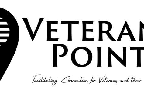 Logo for Veterans Point featuring a location pin with an American flag inside, next to the text Veterans Point. Below, it says, Facilitating Connection for Veterans and their Families.
