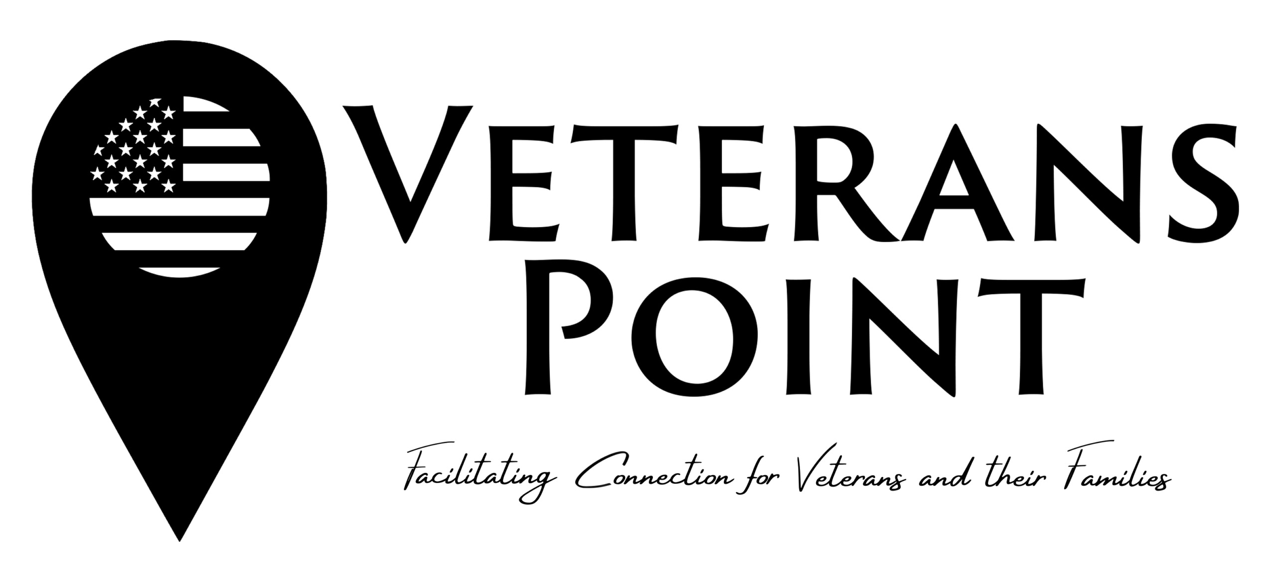 Logo for Veterans Point featuring a location pin with an American flag inside, next to the text Veterans Point. Below, it says, Facilitating Connection for Veterans and their Families.