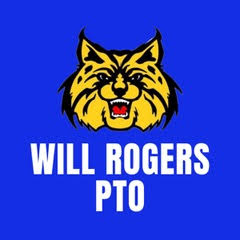 A stylized yellow and black wildcat head with an open mouth is above the bold white text “WILL ROGERS PTO” on a bright blue background.