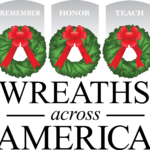 Three holiday wreaths with red bows sit above the words REMEMBER, HONOR, and TEACH. Below, large text reads Wreaths Across America.