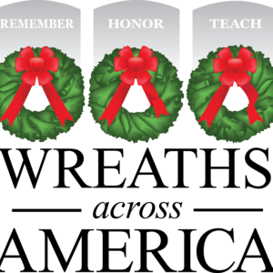 Three holiday wreaths with red bows sit above the words REMEMBER, HONOR, and TEACH. Below, large text reads Wreaths Across America.