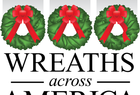 Three holiday wreaths with red bows sit above the words REMEMBER, HONOR, and TEACH. Below, large text reads Wreaths Across America.