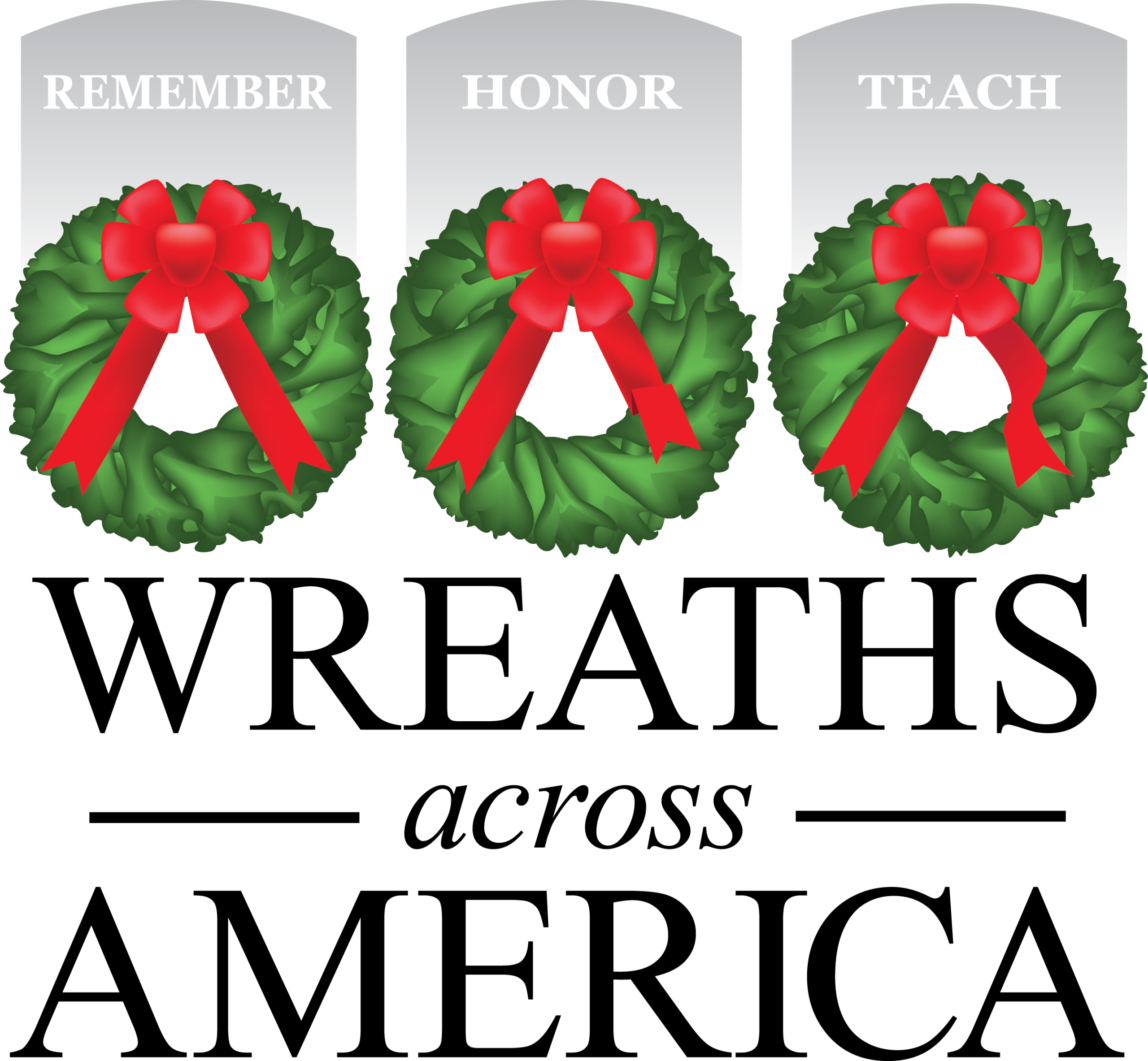 Three holiday wreaths with red bows sit above the words REMEMBER, HONOR, and TEACH. Below, large text reads Wreaths Across America.