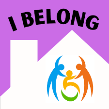 A graphic with a purple background shows the words I BELONG above a white house shape. Inside the house are three colorful abstract figures forming a circle around a smaller figure.
