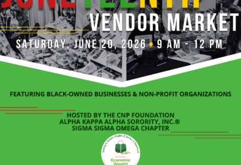 Flyer for Juneteenth Vendor Market on June 20, 2026, from 9 AM–12 PM at Chicken N Pickle in Oklahoma City, featuring Black-owned businesses, nonprofits, and hosted by CNP Foundation and Alpha Kappa Alpha Sorority.