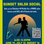 Poster for Sunset Salsa Social at Chicken N Pickle, featuring a silhouette of a dancing couple. Event dates (June 14, July 12, August 16), times, location, and QR code. Don’t miss Kids Crew: Ice Cream Social at CNP Wichita!.