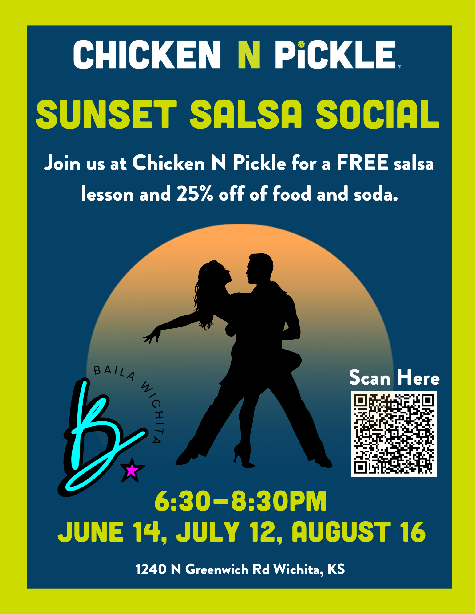 Poster for Sunset Salsa Social at Chicken N Pickle, featuring a silhouette of a dancing couple. Event dates (June 14, July 12, August 16), times, location, and QR code. Don’t miss Kids Crew: Ice Cream Social at CNP Wichita!.