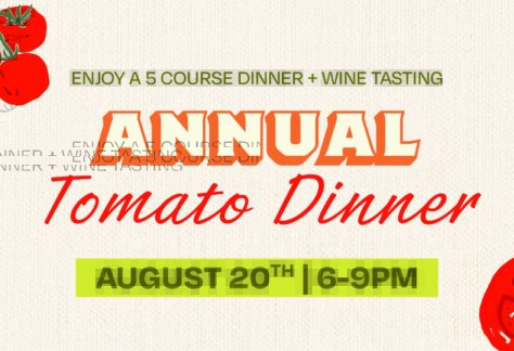 Event flyer with tomatoes, text: Enjoy a 5-course dinner + wine tasting at the Tomato Dinner at Chicken N Pickle. Annual Tomato Dinner. August 20th, 6–9 PM. Bright colors on a textured background.
