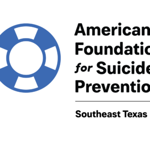 A blue and white lifesaver icon next to text reading “American Foundation for Suicide Prevention, Southeast Texas.”.