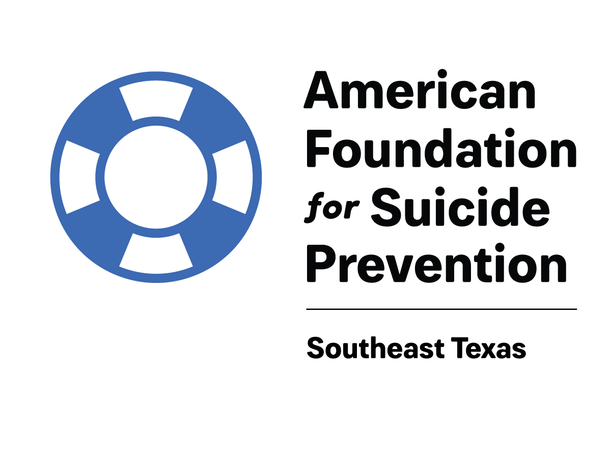 A blue and white lifesaver icon next to text reading “American Foundation for Suicide Prevention, Southeast Texas.”.