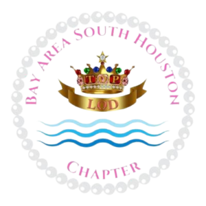 A circular logo with Bay Area South Houston Chapter in pink, a jeweled crown with TOP LOD inside, and blue wavy lines below, surrounded by a dotted border.