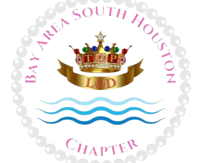 A circular logo with Bay Area South Houston Chapter in pink, a jeweled crown with TOP LOD inside, and blue wavy lines below, surrounded by a dotted border.