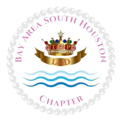 A circular logo with Bay Area South Houston Chapter in pink, a jeweled crown with TOP LOD inside, and blue wavy lines below, surrounded by a dotted border.