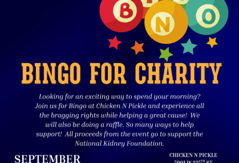 Flyer for Bingo for Charity hosted by the National Kidney Foundation at Chicken N Pickle in Overland Park, KS, on September 12, 2026, from 10 AM to 12 PM. Includes bingo cards, event details, and a QR code.