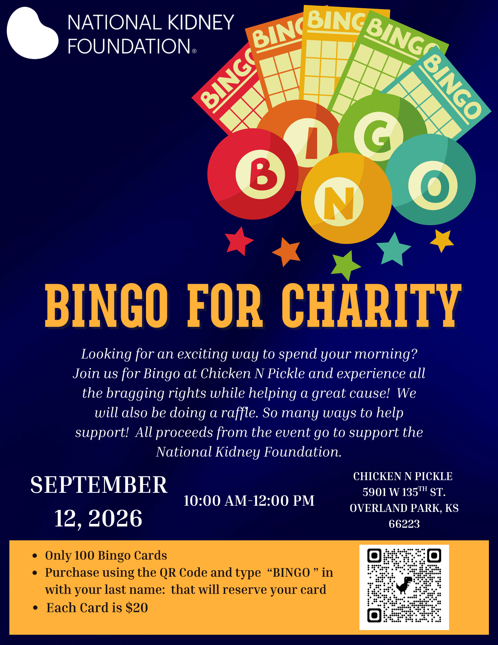 Flyer for Bingo for Charity hosted by the National Kidney Foundation at Chicken N Pickle in Overland Park, KS, on September 12, 2026, from 10 AM to 12 PM. Includes bingo cards, event details, and a QR code.