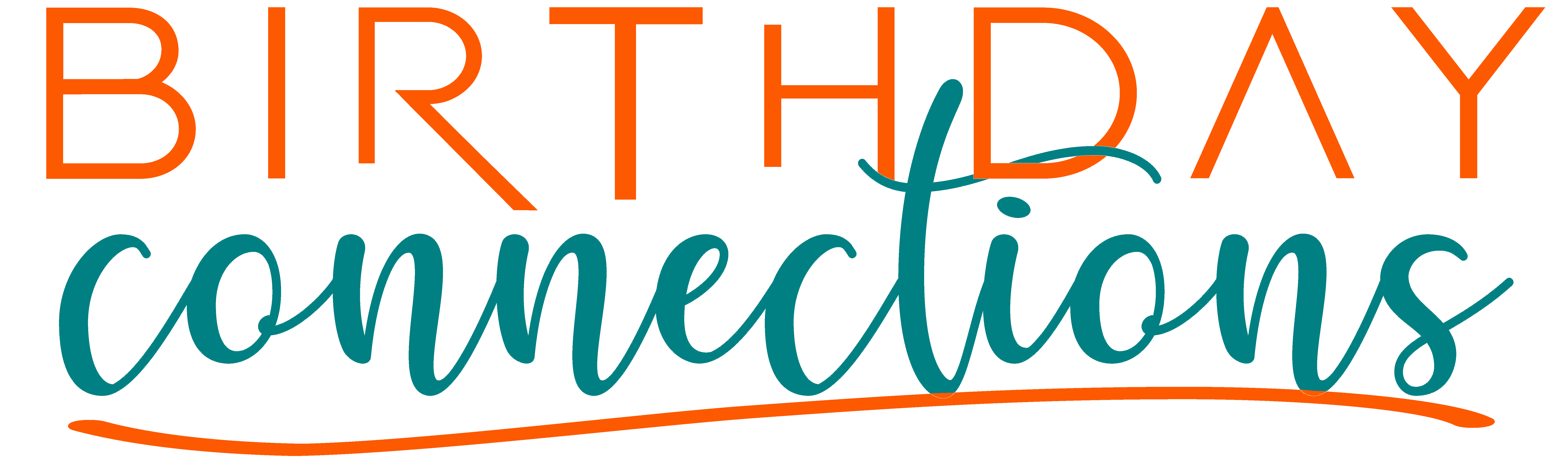 The image displays the words “BIRTHDAY connections.” “BIRTHDAY” is in tall, uppercase orange letters, while “connections” is in teal, cursive script with an orange underline—perfectly capturing the festive spirit of a 10% Giveback Night at Chicken N Pickle NKC.