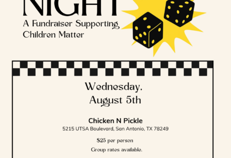 Bunco Night event flyer with dice, date August 5th, $25 per person at Chicken N Pickle, San Antonio. Includes QR code for registration and Children Matter logo.