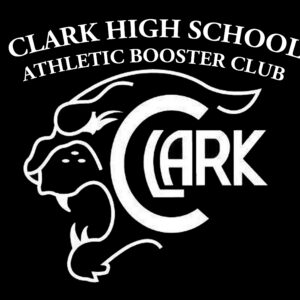 Clark High School Athletic Booster Club logo features a stylized panther’s head in white with the word “Clark” integrated in the center, all on a black background.