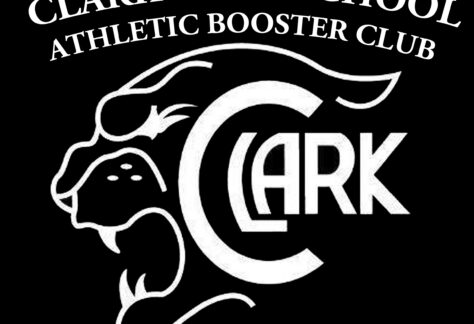 Clark High School Athletic Booster Club logo features a stylized panther’s head in white with the word “Clark” integrated in the center, all on a black background.