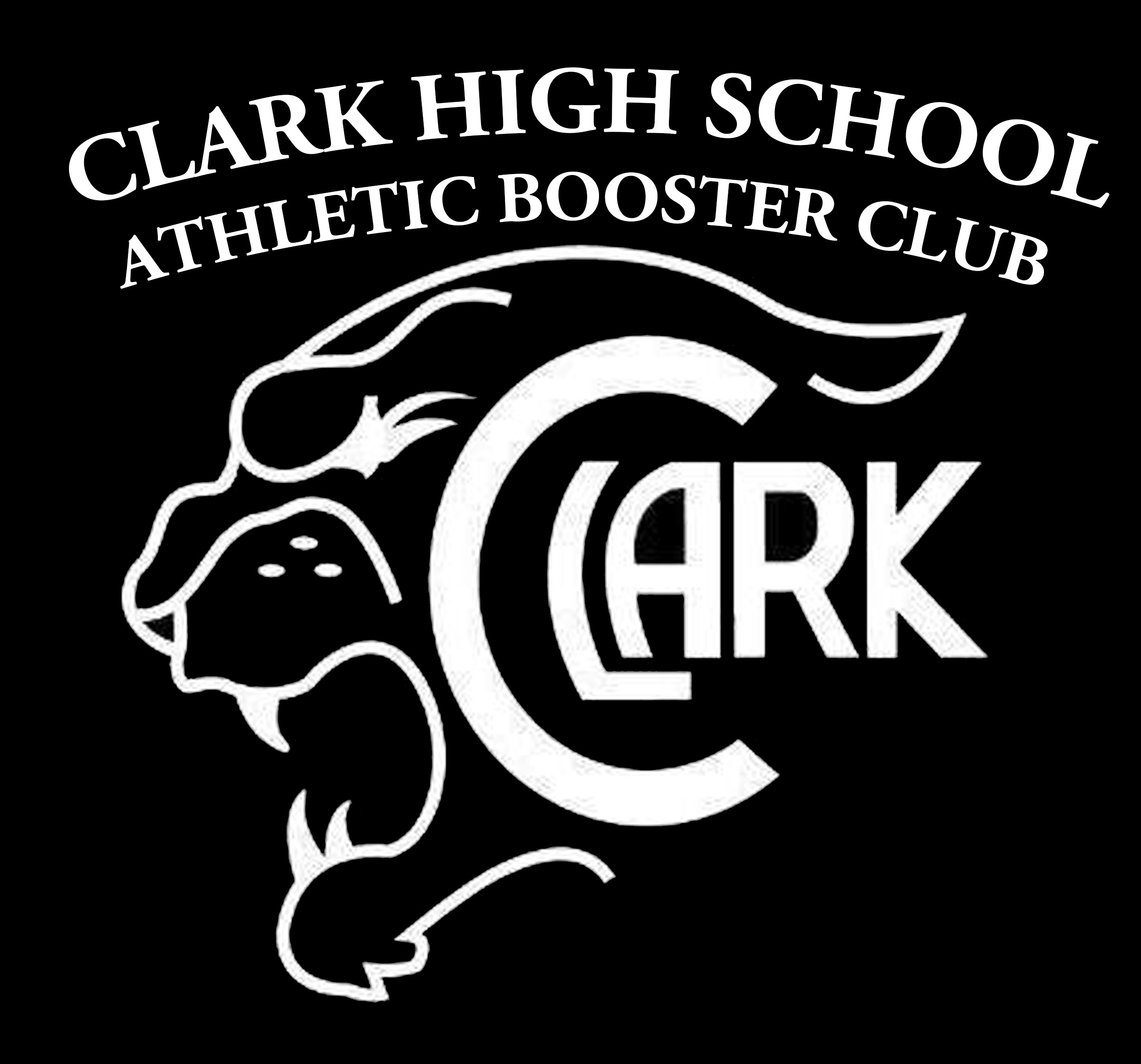 Clark High School Athletic Booster Club logo features a stylized panther’s head in white with the word “Clark” integrated in the center, all on a black background.
