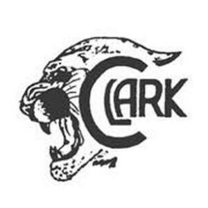 Logo of a roaring panthers head in black and white, with the word CLARK integrated into the design, where the C forms part of the open mouth.