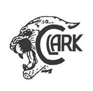Logo of a roaring panthers head in black and white, with the word CLARK integrated into the design, where the C forms part of the open mouth.