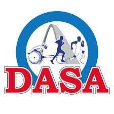 Logo with blue circle and St. Louis Arch. Inside, icons of a wheelchair racer and two runners. Below, large red text reads DASA. Perfect for promoting the 10% Giveback Night Benefiting The Arya Foundation at Chicken N Pickle.
