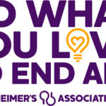 Purple text reads Do What You Love To End ALZ with a yellow lightbulb forming a heart as the O in LOVE. Below is Alzheimer’s Association and their keyhole logo, highlighting the 10% Giveback Night Benefiting KC Kansas Angels at Chicken N Pickle.