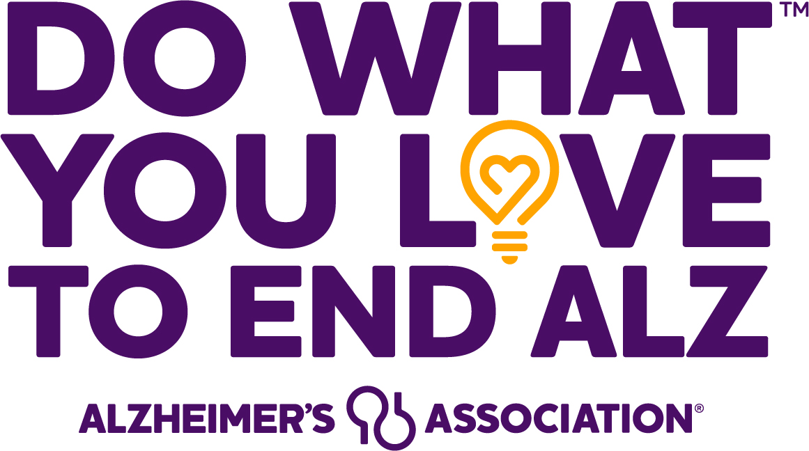 Purple text reads Do What You Love To End ALZ with a yellow lightbulb forming a heart as the O in LOVE. Below is Alzheimer’s Association and their keyhole logo, highlighting the 10% Giveback Night Benefiting KC Kansas Angels at Chicken N Pickle.