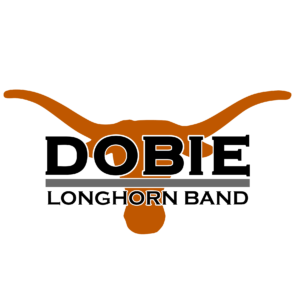 Logo featuring a brown longhorn head with large horns behind bold black text reading DOBIE. Below is smaller black text reading LONGHORN BAND, with a horizontal gray line separating the two text sections.