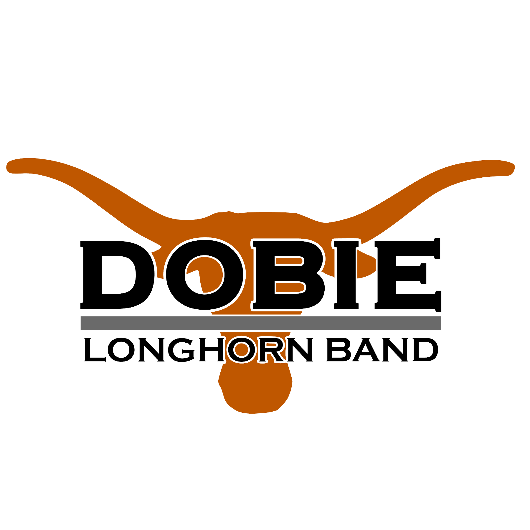 Logo featuring a brown longhorn head with large horns behind bold black text reading DOBIE. Below is smaller black text reading LONGHORN BAND, with a horizontal gray line separating the two text sections.