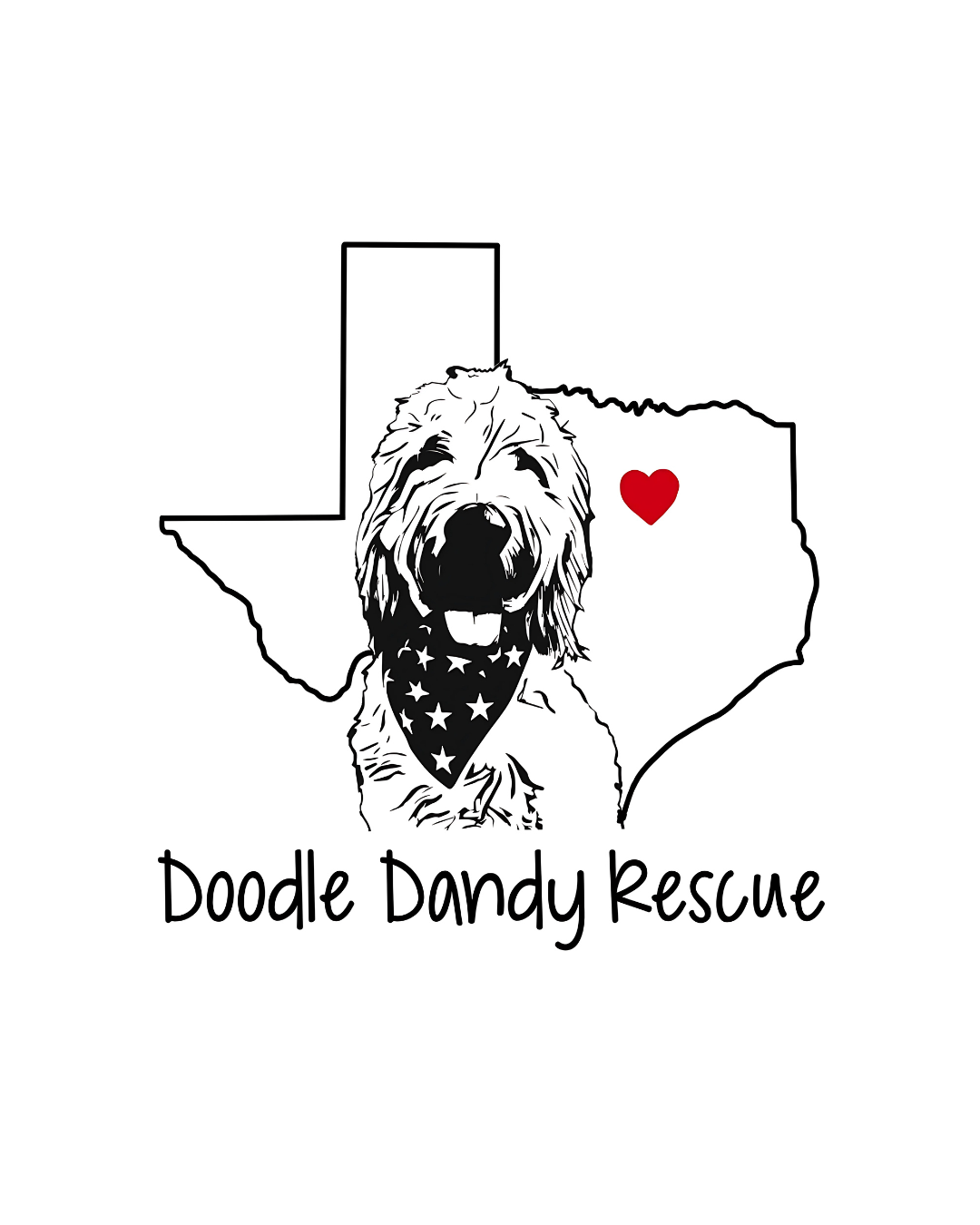 A doodle dog wearing a star-patterned bandana is in front of a Texas outline with a red heart. Text reads Doodle Dandy Rescue.