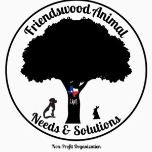 Logo for Friendswood Animal Needs & Solutions, featuring a large tree with a dog and a rabbit under it. The tree trunk has a Texas map with a heart and FANS on it. Text below reads Non-Profit Organization.