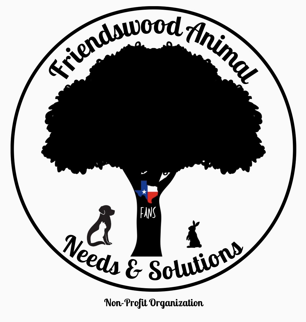Logo for Friendswood Animal Needs & Solutions, featuring a large tree with a dog and a rabbit under it. The tree trunk has a Texas map with a heart and FANS on it. Text below reads Non-Profit Organization.
