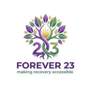 Logo featuring a stylized tree with green and purple leaves, a sun at its center, and the number 23 in the roots. Below, the text reads: “FOREVER 23 making recovery accessible.”.