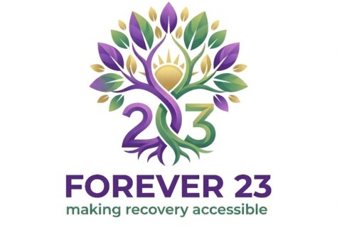 Logo featuring a stylized tree with green and purple leaves, a sun at its center, and the number 23 in the roots. Below, the text reads: “FOREVER 23 making recovery accessible.”.