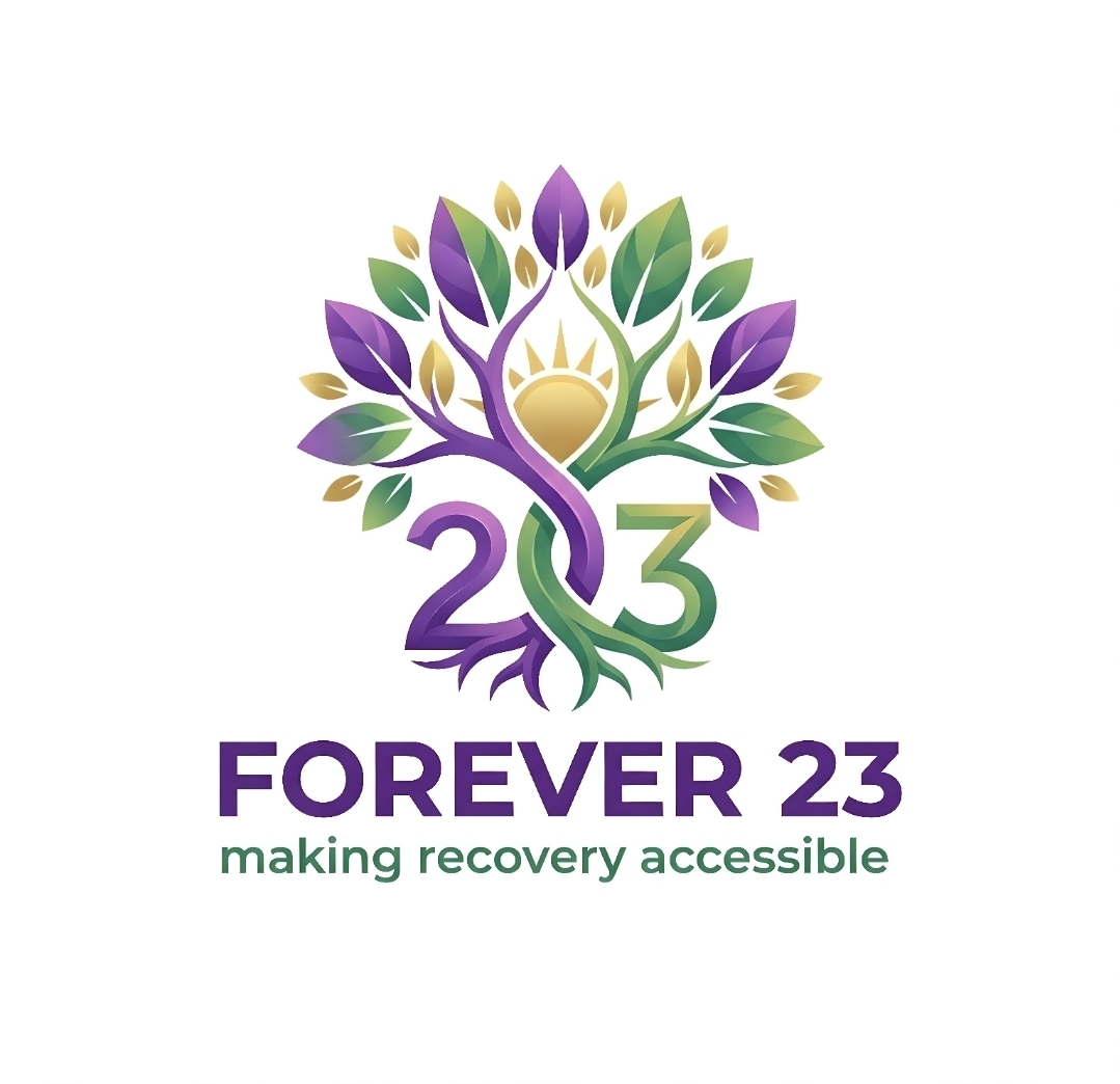 Logo featuring a stylized tree with green and purple leaves, a sun at its center, and the number 23 in the roots. Below, the text reads: “FOREVER 23 making recovery accessible.”.